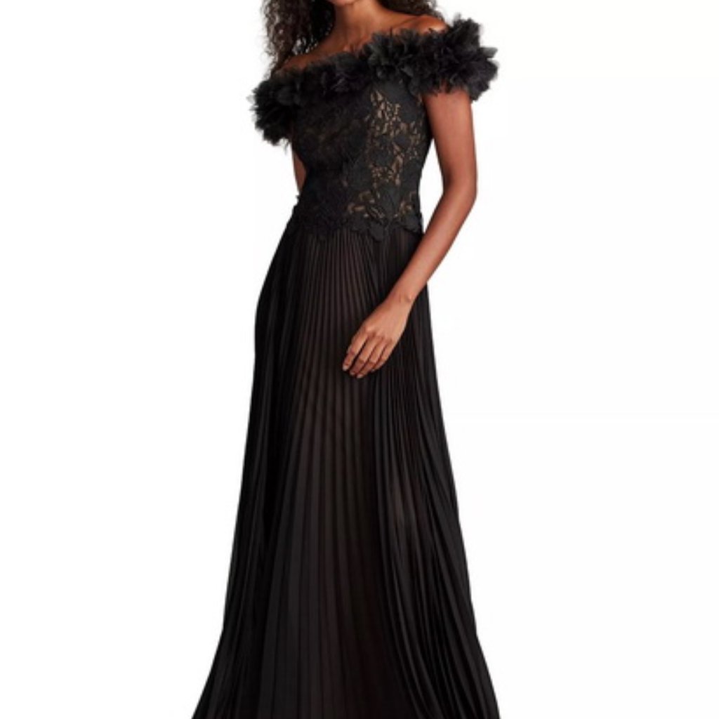 Tadashi Shoji Black Nude Off-Shoulder Floral Ruffle Trim Gown